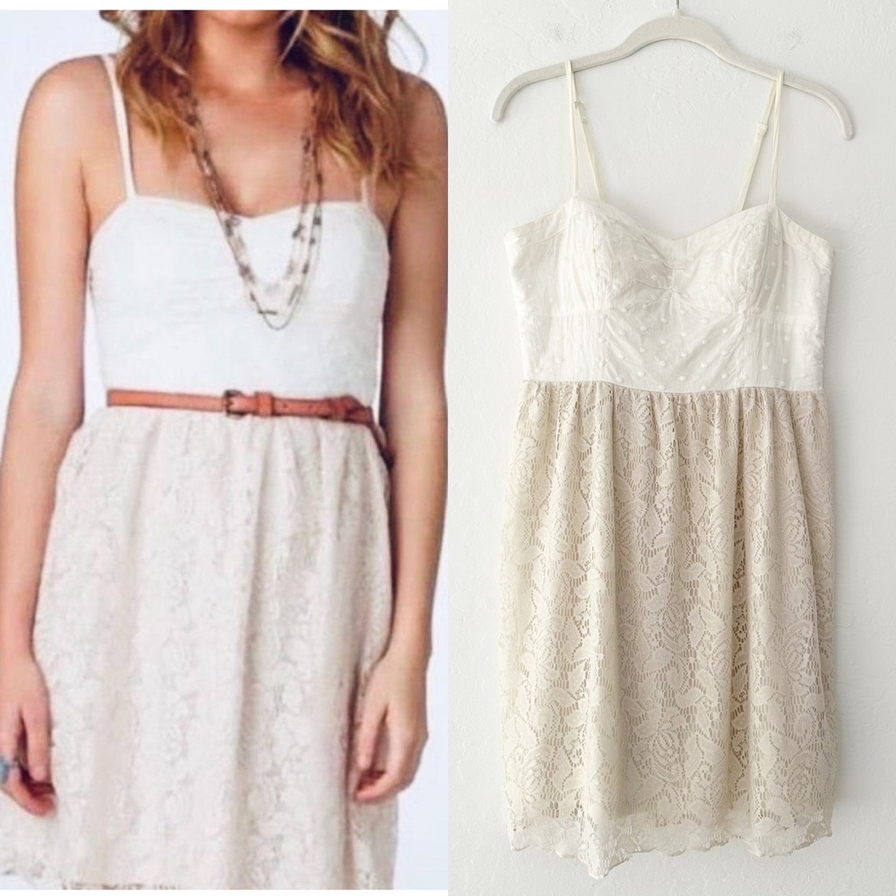 American Eagle Outfitters Cream Lace Bustier Boho Smocked Swiss Dot Dress | M